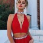 Red Evening Gowns,Two Piece Prom Dress,High Neck Prom Dress,Tulle Prom Dress,Deep V-neck Prom Dress