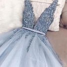 Blue V neck Tulle Beads Long Prom Dresses Appliques Evening Dress Cheap G2950