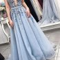 Blue V neck Tulle Beads Long Prom Dresses Appliques Evening Dress Cheap G2950