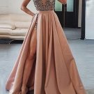 Sexy V Neck Dark Pink Beaded Satin 2020 Prom Dresses Evening Dresses with High Slit G2950