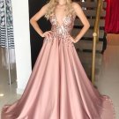 V Neck Spaghetti Straps Blush Sequins Lace Long Prom Dresses Elegant Evening Dresses K5929