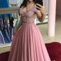 Chic Cap Sleeves V Neck Blush Pink Lace Pearls Long Formal Prom Dresses Evening Dress G5985