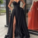 Black Evening Dresses Satin Long ,Split Evening Dresses A-Line Prom Dress T5402