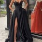 Black Evening Dresses Satin Long ,Split Evening Dresses A-Line Prom Dress T5402