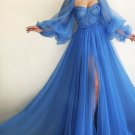 Charming Blue Prom Dresses,Off the Shoulder Evening Dresses,Long Sleeves A-line Tulle Dresses G2842