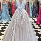 Light Champagne V Neck A Line Long Lace Appliqués  Formal Prom Dress With Sequins Sash G9511