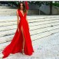 Sexy Slit Evening Dress V-neckline Red Evening Gowns Party Dresses Chiffon Long Prom Dresses A6685