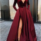 Sexy Slit Evening Dress V-Neck Burgundy Evening Gowns Party Dresses Velvet Long Prom Dresses S2580