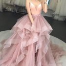 Elegant Prom Dresses Tulle Ruffles Straps Ball Gown Pink Evening dress G3200