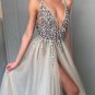 Deep V-neck Backless Split Sweep Train Grey Prom Dress with Beading Evening dress G3587