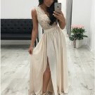 A-Line V-Neck Pleated Beige Chiffon Prom Evening Dress with Split Appliques G4870