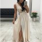 A-Line V-Neck Pleated Beige Chiffon Prom Evening Dress with Split Appliques G4870