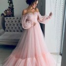 Pink Tulle Off Shoulder Puffy Sleeves Long Prom Dress Hot Evening Dresses G5265