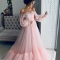 Pink Tulle Off Shoulder Puffy Sleeves Long Prom Dress Hot Evening Dresses G5265