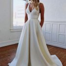 White Satin V Neck Open Back Long Prom Dress With Bowknot Wedding Dresses W2645