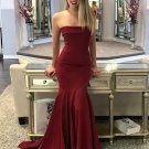 Long Maroon Elastic Satin Mermaid Strapless Prom DressFormal Dress W2265
