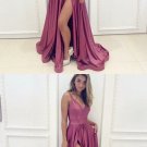 A-Line Spaghetti Straps Blush Pleated Long Prom Dress with Slit Pockets Chiffon Formal Gowns G4248