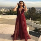 Burgundy party dress Tulle prom dress Spaghetti Straps evening dress Floor Length Formal Dress G2652