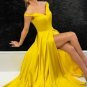 Fresh Yellow V Neck Side Slit Long Prom Dress Elastic Woven Stain Evening Dress B2650