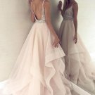 Champagne V Neck Tulle Beaded Long Prom Dress Hot Evening Dress G2950