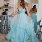Blue V Neck Tulle Long Prom Dress Hot Evening Dress G2968