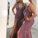 Purple Straps Lace Appliques Side Slit Sexy Mermaid Prom Dresses Hot Evening Dress G2962