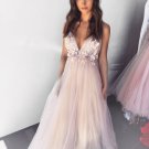 Appliques V-neck Sleeveless Pearl Pink Tulle Evening Dress Formal Dresses Cheap Prom Gowns G3598