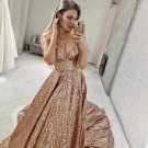 Stylish V neck Sequins Long Prom Dress A-Line Evening Dress Formal Dresses Cheap Prom Gowns G2695