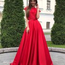 Two Pieces Red Short Sleeve Satin Prom Dresses with Lace Cheap Prom Dresses Formal DressesG2695