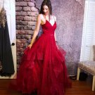Princess Red Prom Dress  V-neck Evening Dress Tulle Formal Dresses Cheap Prom Gowns G2852