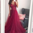 Burgundy Tulle V Neck Beaded Glitter Prom Dresses With Sequins Best Evening Dresses G5398