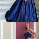 A-Line Spaghetti Straps Dark Blue Satin Prom Dress with Beading Pockets Cheap Prom Gowns G8206