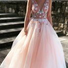 Sexy Backless Prom Dress Pearl Pink Tulle V-neck Appliques Graduation Gown Formal Dress G8852