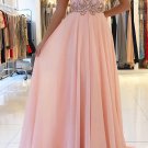 Pink Chiffon A-line Prom Dresses Long Backless Evening Dresses Beaded Party Dresses  G2592