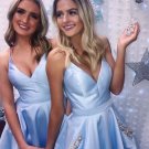 Sexy Blue Prom Gown Satin V-neck Long Evening Dress Rhinestone Beading Prom Dress F1298