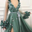 Sexy Long Prom Dress Tulle A-Line Evening Dress V-neck Formal Gowns Cheap Slit Prom Gowns G5396