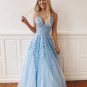 Sexy Long Prom Dress Tulle A-Line Evening Dress V-neck Formal Gowns Cheap Slit Prom Gowns G5396