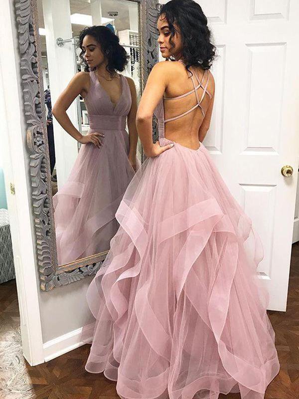 Blush Pink Ruffles Ball Gown Criss-Cross Backless  V-neck Long Prom Dress Tulle Evening Dress G5595