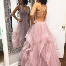 Blush Pink Ruffles Ball Gown Criss-Cross Backless  V-neck Long Prom Dress Tulle Evening Dress G5595