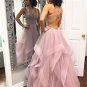Blush Pink Ruffles Ball Gown Criss-Cross Backless  V-neck Long Prom Dress Tulle Evening Dress G5595
