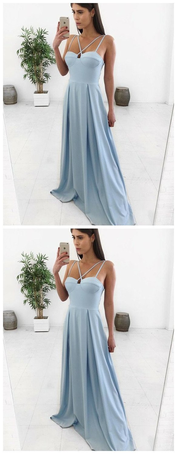 A Line Spaghetti Straps Floor Length Blue Satin Prom Dress Long Evening Dress G5298