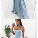 A Line Spaghetti Straps Floor Length Blue Satin Prom Dress Long Evening Dress G5298