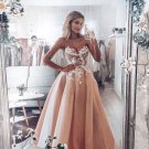 Champagne Pink Sweetheart Tulle Lace Long Prom Dress Lace Evening Dress