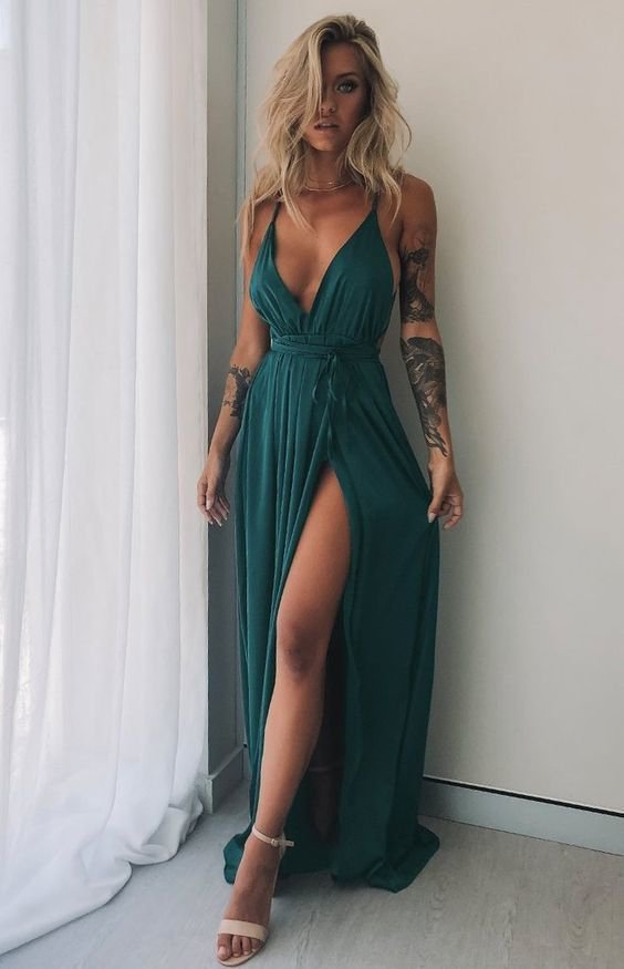 Sexy Green V-neck Sheath Long Full Length Evening Party Gown,Prom Dress BH14