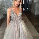 Open Back Prom Dresses Deep V-neck Long Saprkly Slit Prom Dress Sexy Evening Dress