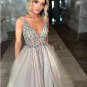 Open Back Prom Dresses Deep V-neck Long Saprkly Slit Prom Dress Sexy Evening Dress