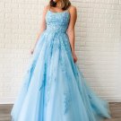 Sky Blue Tulle Appliques Scoop A-Line Long Prom Dress