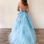 Sky Blue Tulle Appliques Scoop A-Line Long Prom Dress