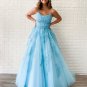 Sky Blue Tulle Appliques Scoop A-Line Long Prom Dress