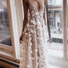 A-Line Floral Applied Long Prom Dress With Illusion V Neck Evening Dress BG574